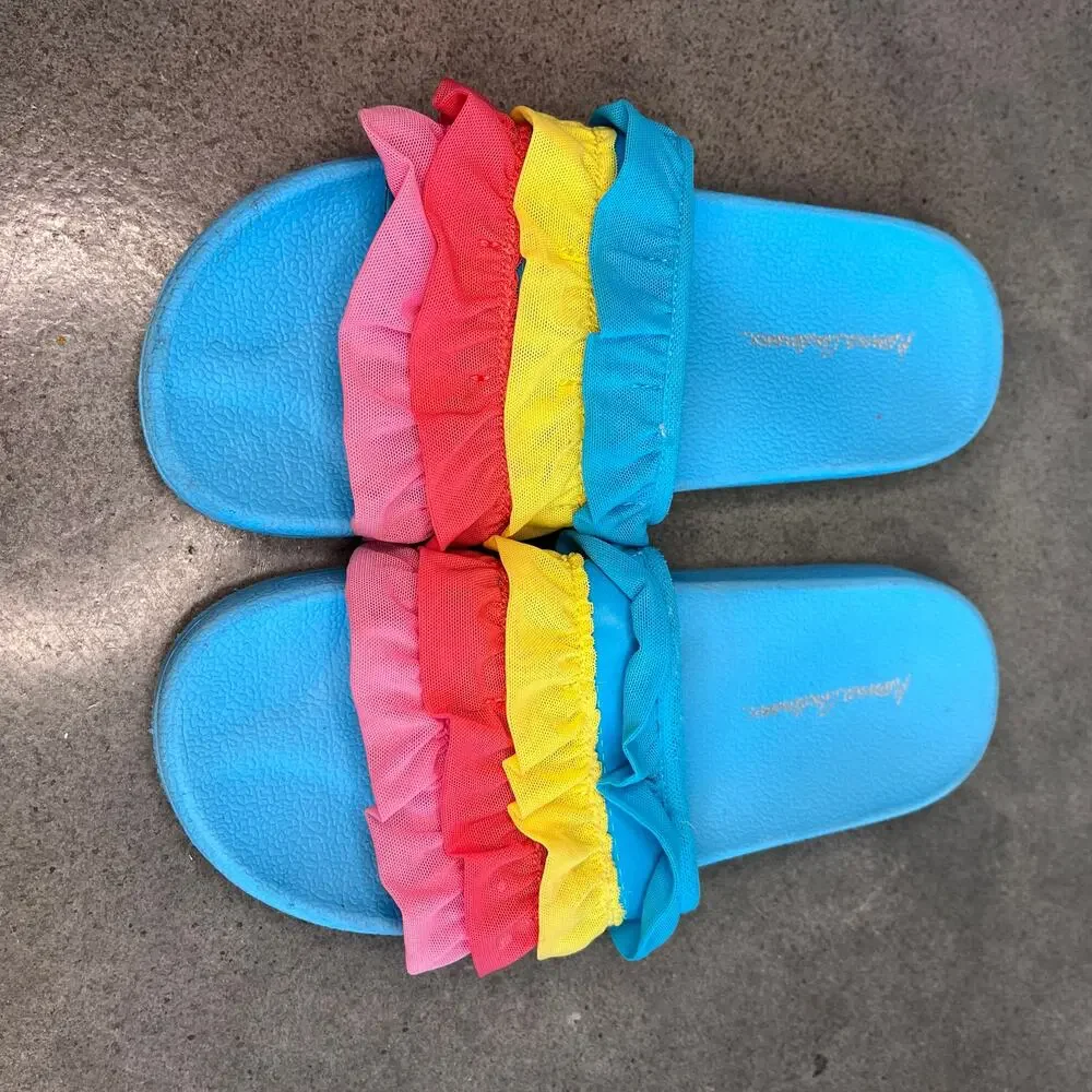 Hanna Andersson rainbow ruffle blue slides sandals girls size 2